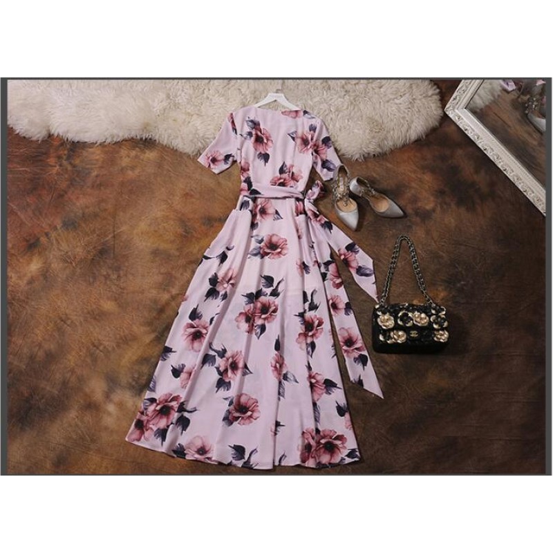 Soft Chiffon Party Dresses Pink V-neck Long Women Summer Dress